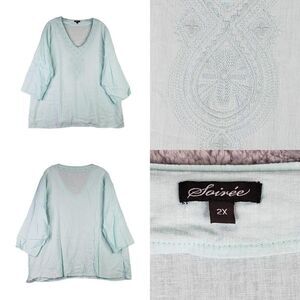 Soiree Tunic Top 3/4 Sleeve Linen V-Neck Teal Blue Women’s Plus Size 2X